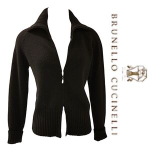 Brunello Cucinelli 100% Cashmere Full Reverse Zip Cardigan in Jet Black Sz M-L